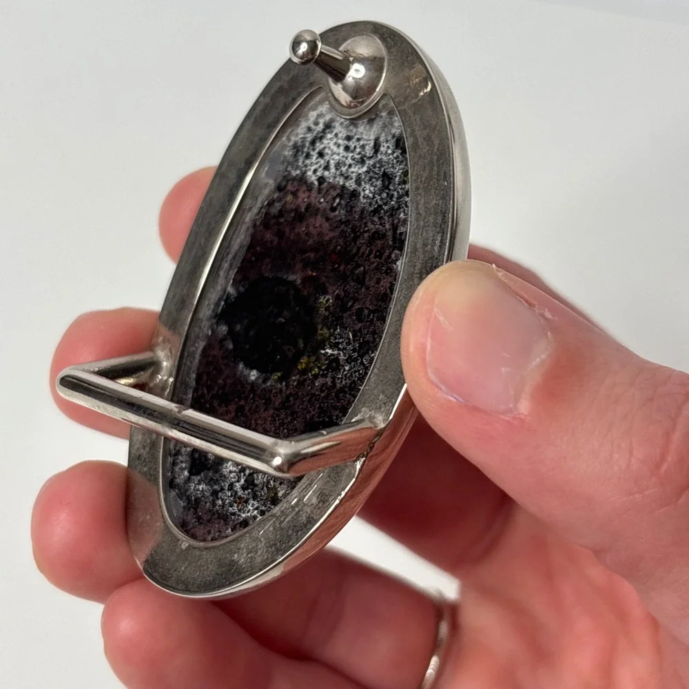 Oval Belt Buckle Resin Black Gray Green Stone Accents Mens Silver Tone Art‎ Boho